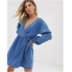 Asos Design Denim Wrap Smock Mini Dress in Blue